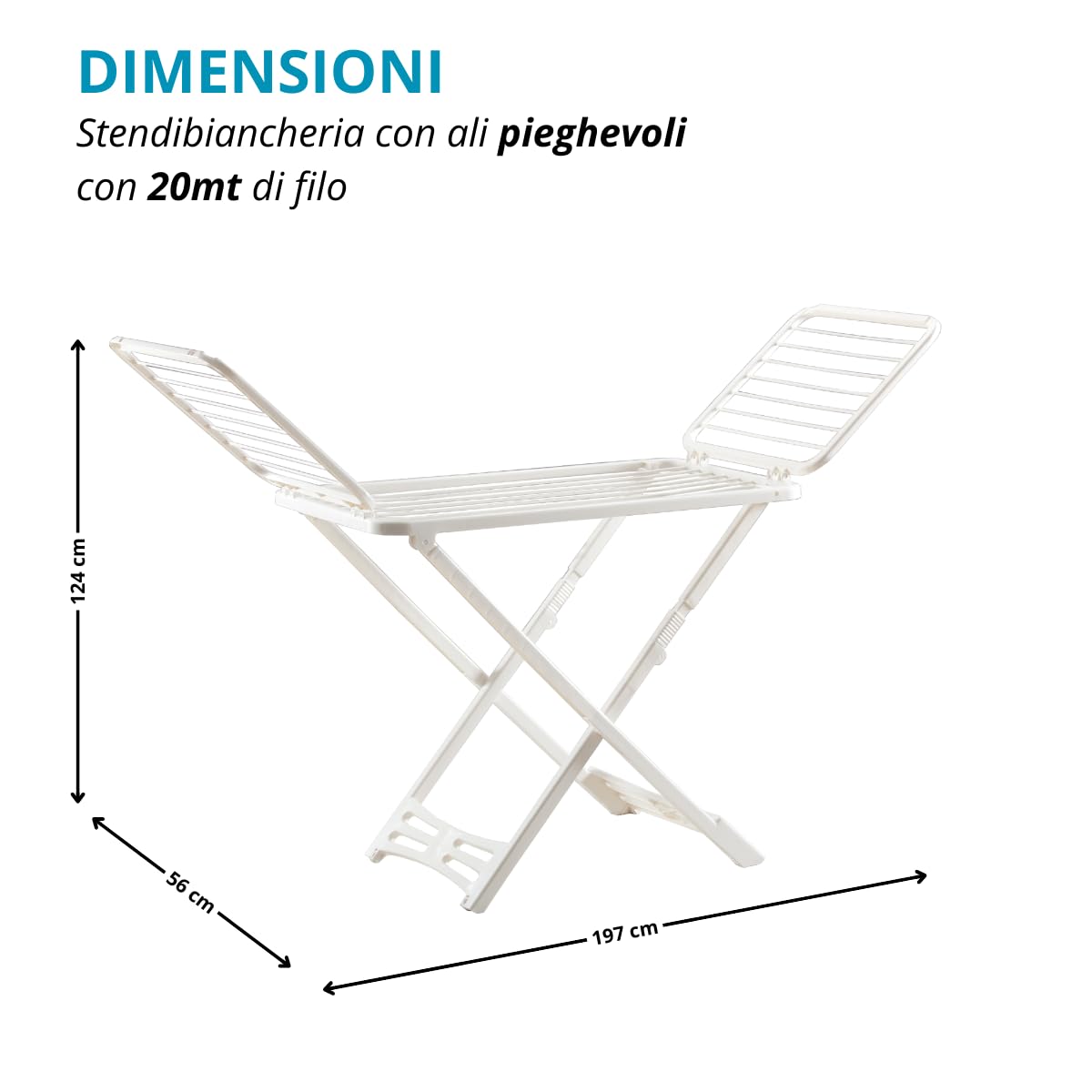 Tomaino - Stendino in Plastica Resistente per Interno ed Esterno - 20 mt - Stendibiancheria Pieghevole con Ali e Rotelle - 197x56x124 cm