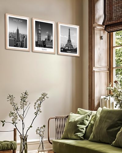 Image of NoWorries Black & White City Wall Art Framed Painting Set of 3 | New York London Paris Skyline Prints with Frame | Modern Minimalist Travel Poster Wall Decor Frames for Living Room, Bedroom and Office | Ready to Hang (Art-1, 13x19inch, Wooden)