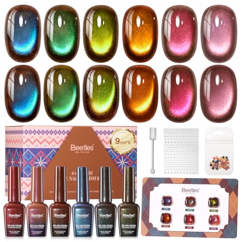 Image of Beetles Mocha Sweater Cat Eye Gel Nail Polish Set, 6 Colors 9ml Fall Gel | Brown-Based Iridescent Cat Eye Gel Kit Magnetic Effect, Button Charms & Star Stickers & Magnet, Soak Off UV Salon at Home