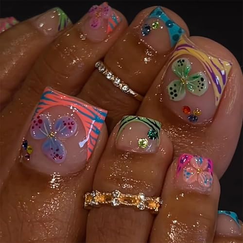 French Press On Toe Nails Short Square Fake Toe Nails Full Cover False Toenails With Color Flower...