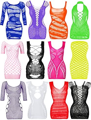 Geyoga 12 Pieces Women's Fishnet Lingerie Mesh Babydoll Bodysuit Lace Smock Lingerie for Women (Fresh Color)
