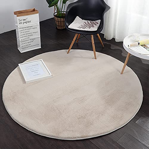 Loartee Shaggy Langflor Teppich Rund, Kunstfell aus Kaninchen Teppiche Wohnzimmer,Hell beige,100cm Cover
