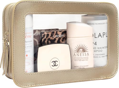 FFpaw Clear Makeup Bag, Gold Travel Makeup Pouch Toiletry Bag for Women Waterproof Small Cosmetic Bag Case Small Make Up Bag with Zipper Car Organizer Car Essentials for Women Men