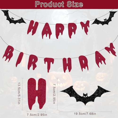Image of Halloween Happy Birthday Banner - Red Glitter Bloody Paper Garland Spooky Birthday Decorations for Halloween Vampire Bat Theme Party Supplies