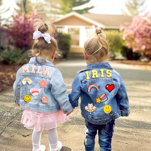 Personalized Kid Denim Patch Jacket With Name Tags, Girls Outerwear Coats, School Clothes Outfits for Ages 1-8, 2 Year Old Birthday2