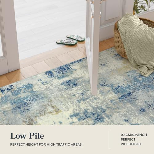 Lahome Modern Abstract Area Rug 4x6, Washable Living Room Rug for Bedroom Entryway Non Slip, Soft Contemporary Indoor Floor Throw Carpet for Apartment Playroom Home Office, Blue