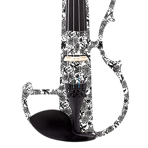 Image of Kinglos. Visual-Art Advanced Electric Violin 4 /4 Full Size Ebony Fittings | Kit Incl. Case Bow Shoulder Rest Aux Cable Spare Bridge Strings - Solid Wood White Grey Silent Fiddle Set for Adults Beginner