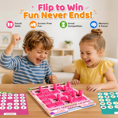 Image of Matching Memory Game for Kids Ages 3 4 5 6 Year Old, Travel Toy for Boys Girls, Wooden Board Game, Road Trip Essentials for Toddler, Airplane Car Camping Activity, Ideal Christmas Birthday Gifts, Pink