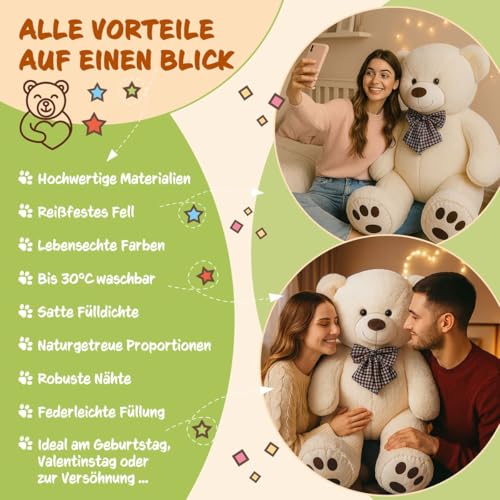 monzana® Teddybär L - XXXL 50-175cm Weiches Fell Schleife Tatzendruck Geschenk Plüschtier Kuscheltier Stofftier Riesen Teddy Bär