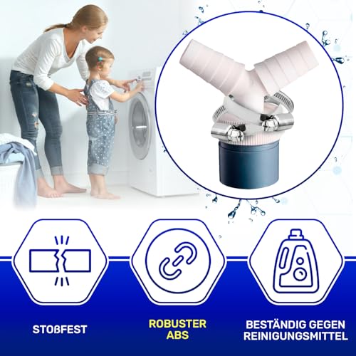 Waschmaschine Abfluss Adapter mit Abgang für Rohr Ø40 mm und Eingang Ø18-24 mm aus ABS - Y Adapter für Doppelanschluss Ablaufschlauch Spülmaschine - 2 Stück Schlauchschellen Ø20-32 mm - MONTERAL