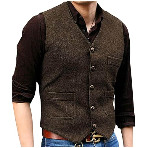 Mens Vintage Wool Suit Vest Button V Neck Herringbone Waistcoat 5 Real Pockets Tweed Waistcoat for Groomsmen Wedding