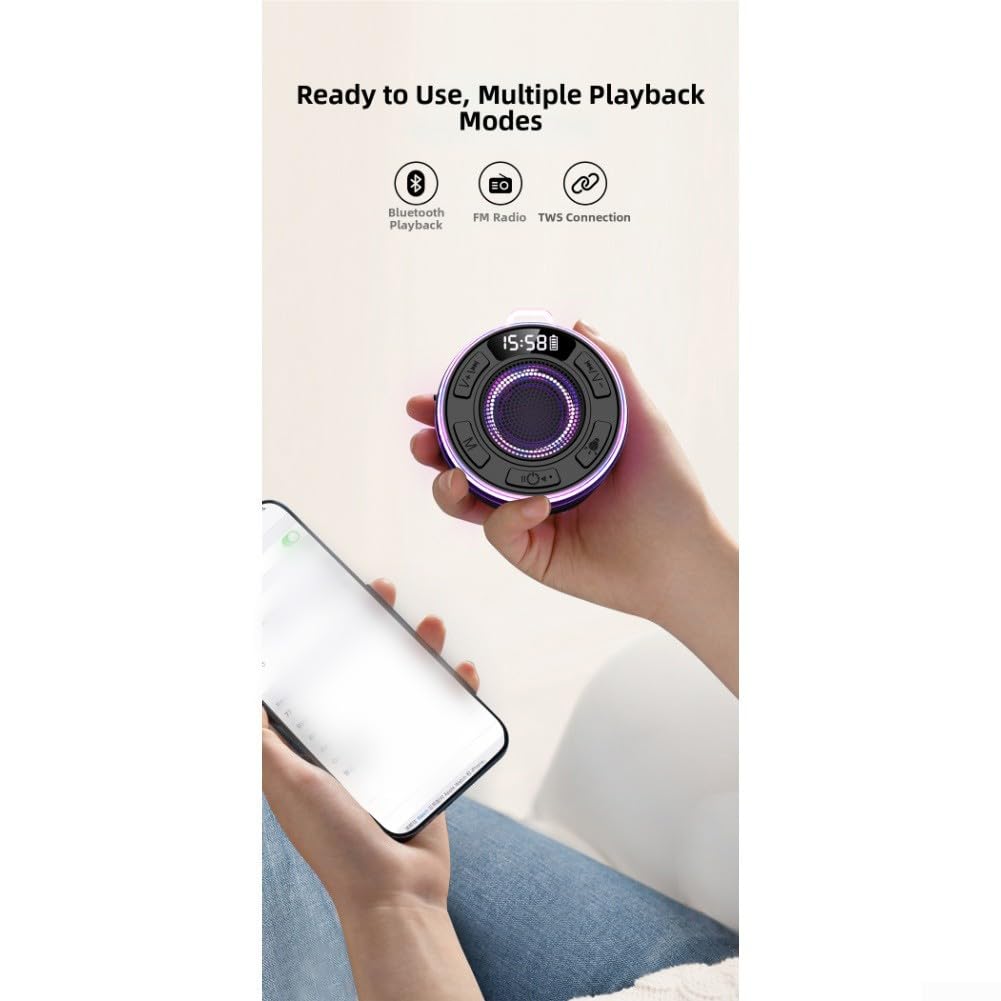 Enceinte de douche étanche IPX7 avec son équilibré à 360° RVB et radio FM et ventouse amovible pour salle de bain, piscine ou voyage, batterie noire ou rouge 1100 mAh (noir)
