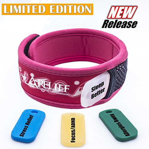 Essential Oil Diffuser Bracelet Includes Set of 4 Solid Pellets, Each Pellet Relieves Allergies, Stress, Focus/ADHD and Enhances Good Sleep. 100% Pure Therapeutic Grade Aromatherapy Oil. (Pink)