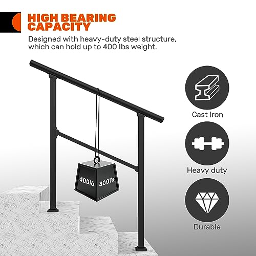 Handrails for Outdoor Steps, 3 Step HandRail Fit 2 or 3 Steps Outdoor Stair Railing, Deck Handrail, Metal Porch Railing, Porch Steps, Metal Handrail Stair Rail with Installation Kit