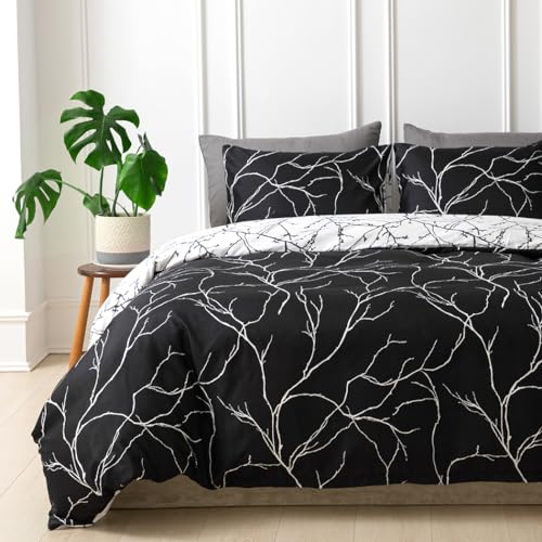 Image of Lekesky Reversible Duvet Cover King Size, Black White Branch Comforter Cover King 3pcs Microfiber Botanical Bedding Set with Zipper Closure Corner Ties