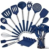 HOTEC 446°F Heat Resistant Silicone Kitchen Utensils, BPA Free Cooking Utensil Set, Spatula Set, Kitchen Gadgets, with Stainless Steel Utensils Holder, Dishwasher Safe, 14pcs Classic Blue