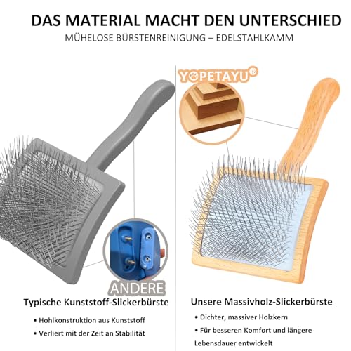 YOPETAYU Slicker Bürste für Hunde & Katzen mit Holzgriff – extra lange Borsten für langes Fell – entfernt Unterwolle & Knoten – mit Fellkamm – für Golden Retriever & Australian Shepherd – Oak