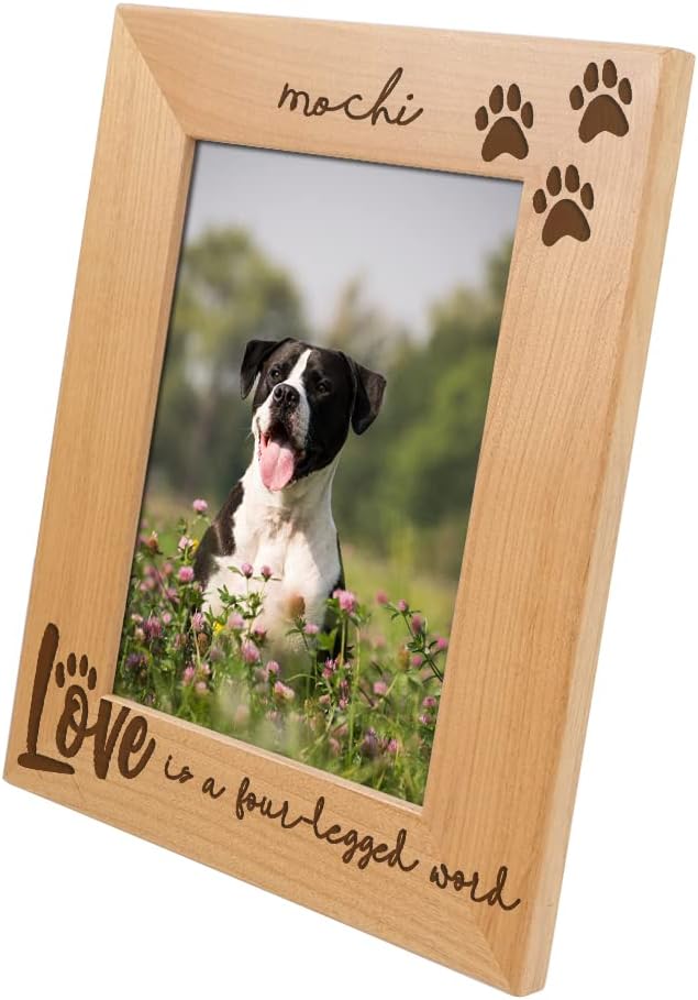Love Is a Four-Legged Word - Wood Engraved Pet Picture Frame With Glass (4x6 Portrait Custom) - Dog, Cat, Paw Print Memorial - Pet Lover Gift