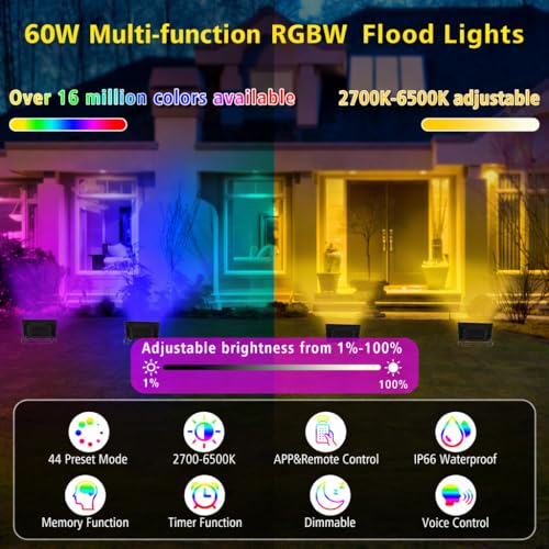 Image of T-SUN RGB Flood Lights Outdoor, 600W Equivalent Color Changing Landscape LED Light with APP Control, Waterproof Floodlight with 16 Million Colors, Timing, Music Sync (RGB-APP Control, 60W-2Pack)