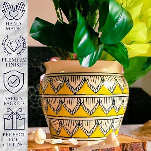 Image of Niyara Ceramic planters pots for Indoor Outdoor Home, Garden Office Decor Balcony Planters Gamla Flower Size Small 6 inches (Yellow Handpainted)
