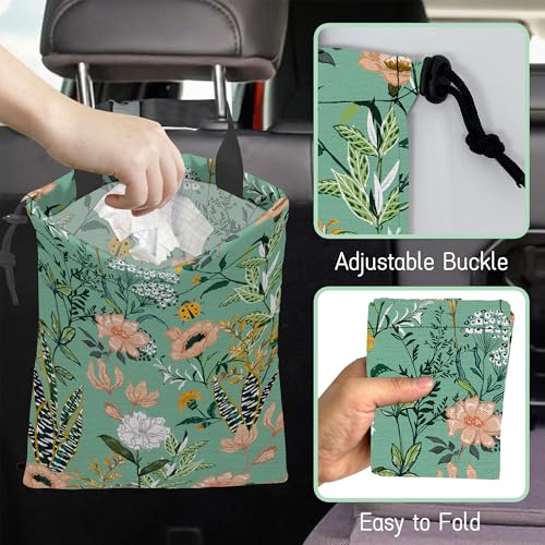 Image of Blooming Flower Car Trash Bag,Garden Floral Hanging Drawstring Car Garbage Bag,Waterproof Canvas Car Back Seat Organizer with Adjustable Buckle,for Vehicles,SUVs,Camping,Road Trips