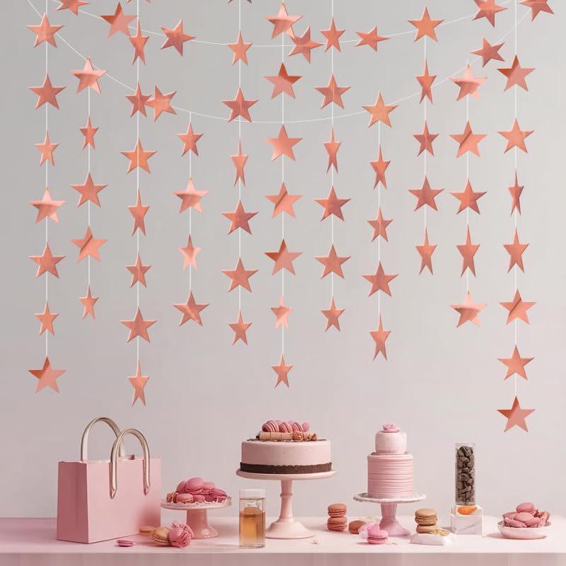 Image of Rose Gold Shining Star Hanging Garland Rose Gold Hanging Sparkling Star Streamer Glitter Bunting Banner Twinkle Backdrop for Wedding Baby Shower Birthday Christmas Decorations 40 Feet