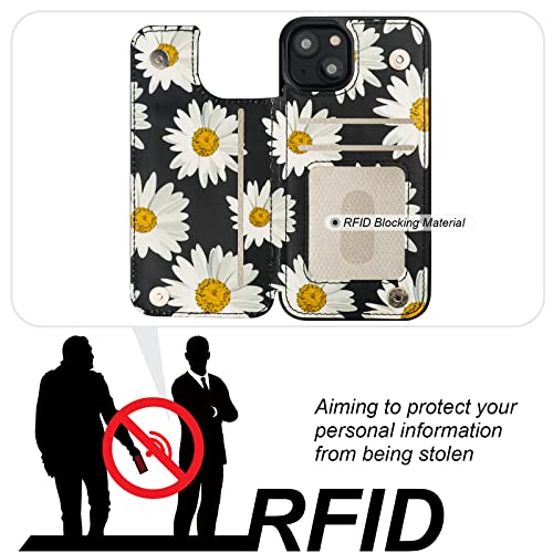 Image of HAOPINSH for iPhone 13 Case Wallet with Card Holder, Daisy Florals Pattern Back Flip Folio PU Leather Kickstand Card Slots Case for Women Girls, Double Magnetic Clasp Shockproof Cover 6.1 inch