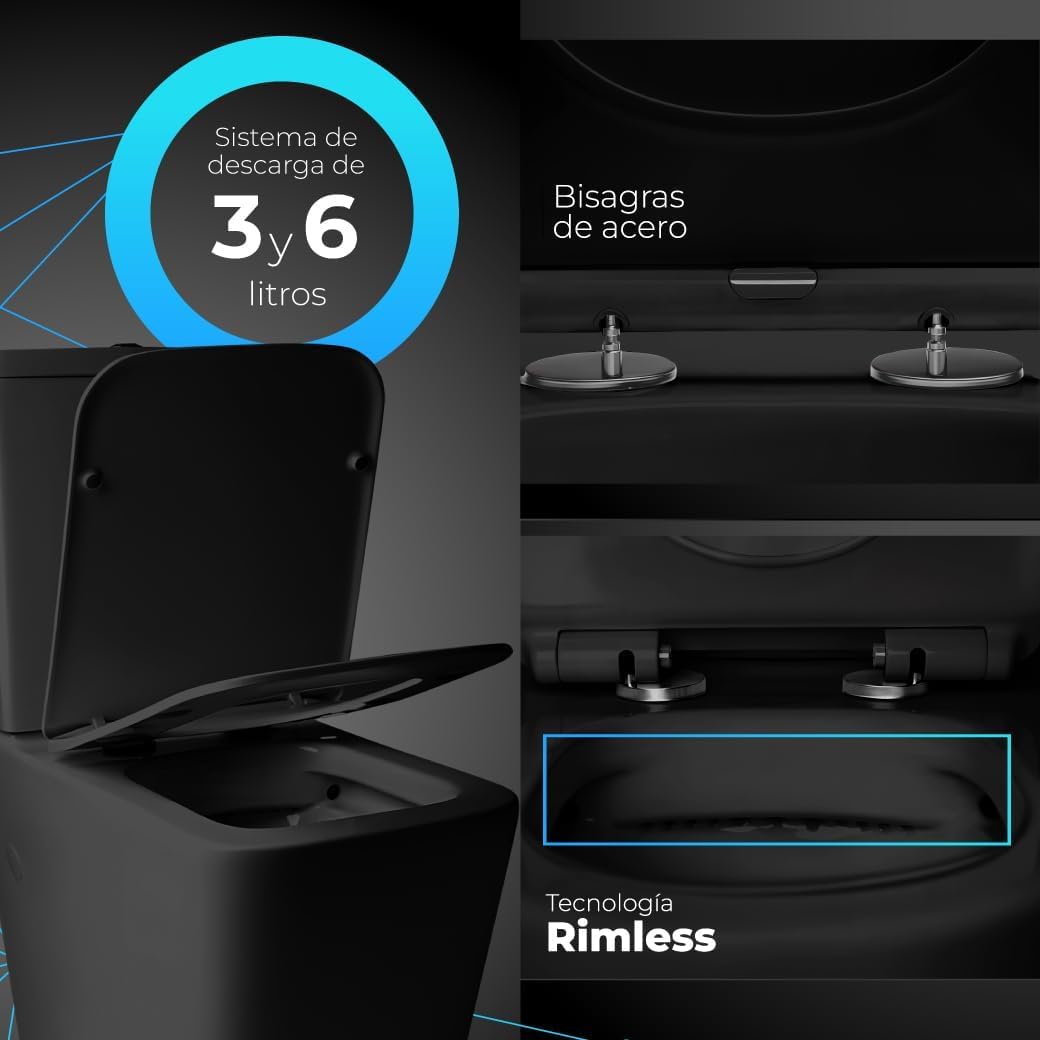 Inodoro Completo - WC Con Sistema Rimless Antibacterias - Vater Baño Con Tapa Dura Extrafina Amortiguada - Salida Dual - Para Hogar Color Negro