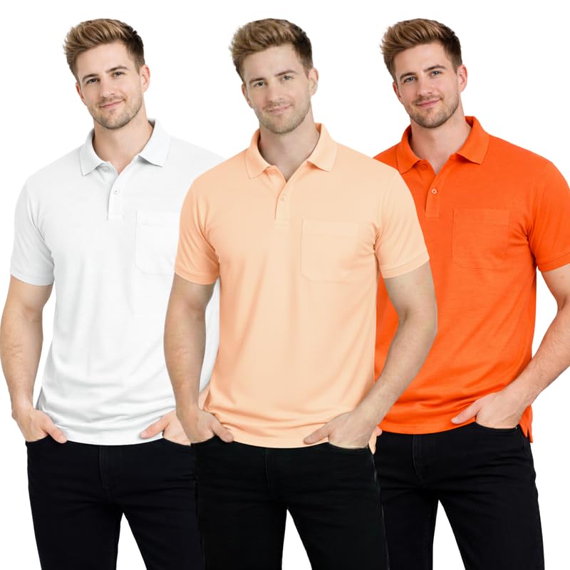 Polo Neck T-Shirt Pack of 3 for Men & Boys | Half Sleeve Collar Tee with Pocket | Premium Spun Matty Fabric | Casual & Office Wear | Sizes M to 2XL | FX_PO3_MCR_PCH_ORN-image-47