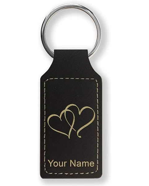 LaserGram Rectangle Keychain, Twin Hearts, Personalized Engraving Included (Black with Gold)