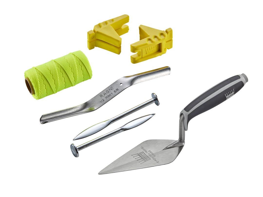 Ragni Yellow Bricklaying Accessory Pack 2, Masonry Tools Set With Solid Forged Line Pins, Nylon Braided Brick Line, Rubberised Corner Blocks Blocks, Brick Jointer And 6" Pointing Trowel