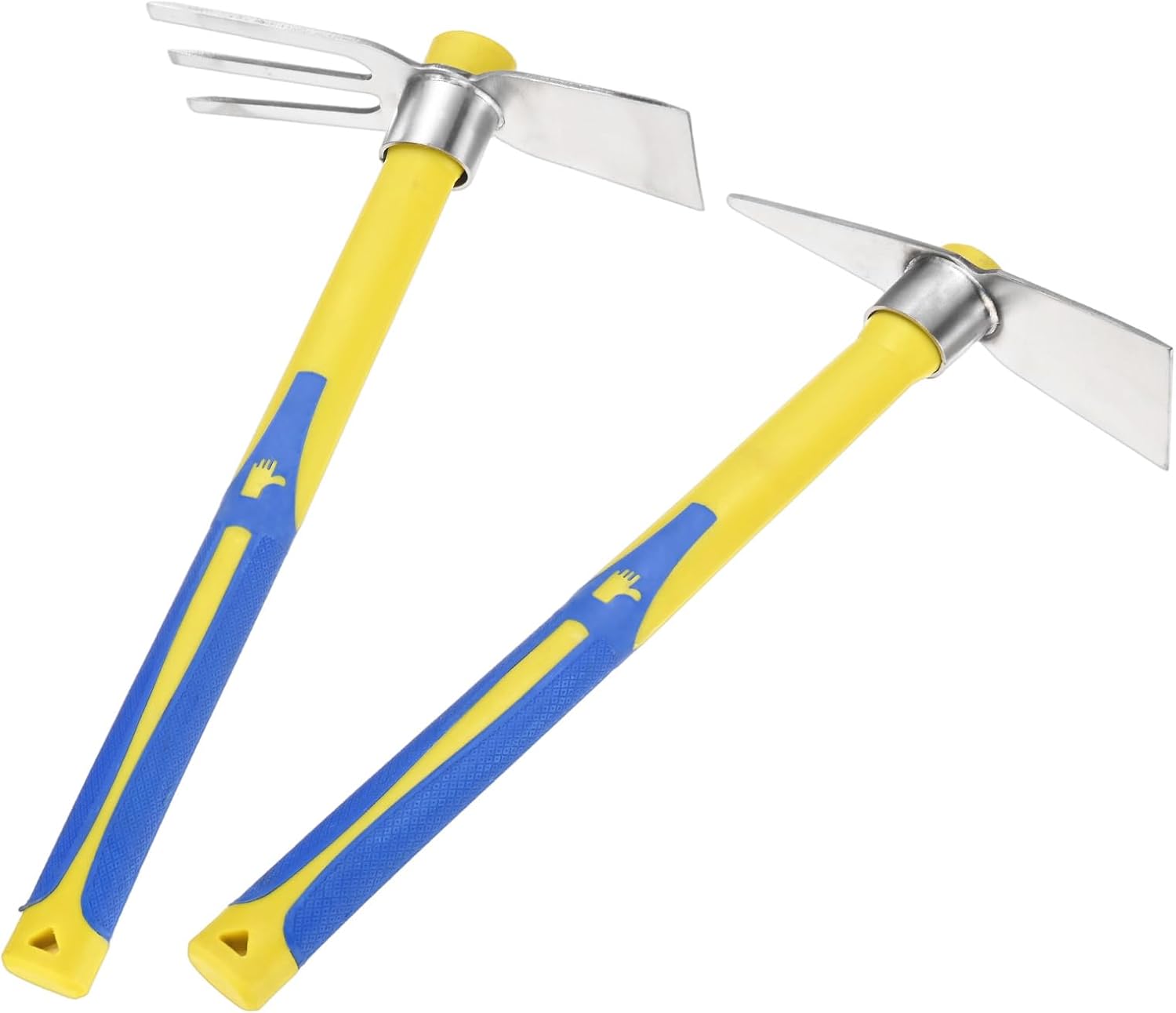 2 PCS Garden Hoe Tools, 15.7 Inches Stainless Steel Cultivator Hand Tiller and Hand Pick Axe with Fiberglass Handle, Pick Mattock Hoe for Digging/Weeding/Gardening/Planting