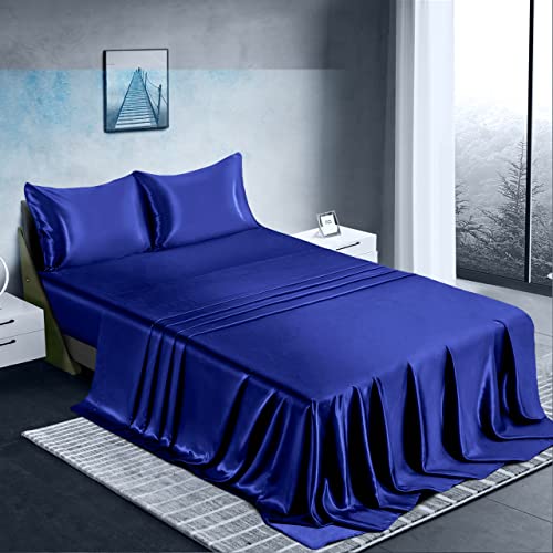 Manyshofu Satin Twin Sheets Set 3 Piece - Soft Silky Satin Sheets Set, Royal Blue Satin Bed Sheets Cooling & Luxury Bedding Sheet Set(1 Satin Fitted Sheet, 1 Satin Flat Sheet, 1 Satin Pillow Case) #TOP1