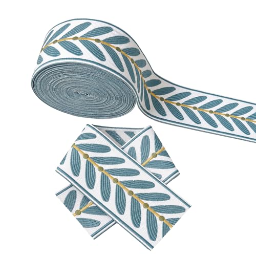 Jacquard Ribbon Trim 10.9 Yards 2.4 Wide Embroidered Green Leaf Ribbon for Sewing Fabric Trim for Drapes Curtain Handmade Bag Clothing DIY Belts (Blue)