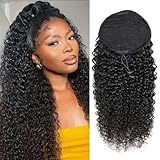 Kinky Curly Human Hair Ponytail Extension Drawstring Ponytail Human Hair Kinky Curly Clip in Ponytail Hair Extensions Hair Pieces for Women Natural Black 22 Inch