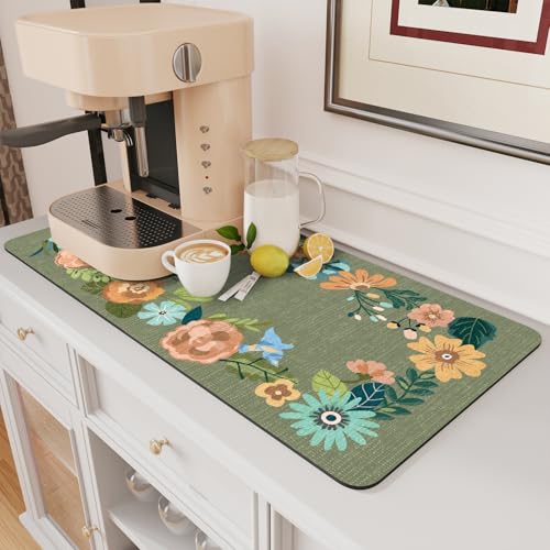 AMOAMI Floral Green Coffee Mat β Rubber Backed 17x31.5
