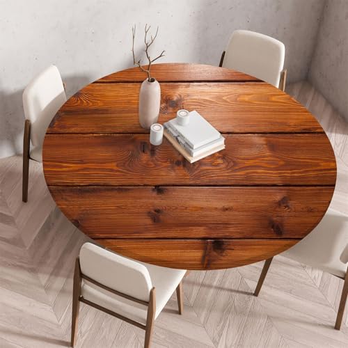 Treer Toalha de mesa redonda anti-manchas, impressão com padrão em veios de madeira, toalha de mesa redonda com borda elástica ajustável e reutilizável, lavável, toalhas de mesa para piquenique e sala