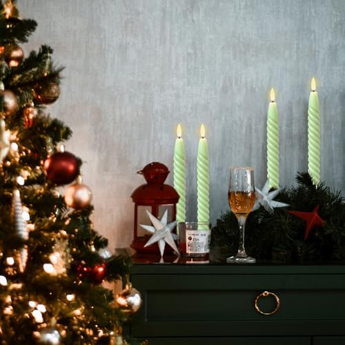 Image of Green Flameless Taper Candles Flickering with Remote Timer
