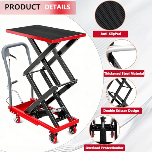 Image of GarveeTech Hydraulic Lift Table Cart, 770Lbs Load Capacity 59 Inch Lifting Height, Manual Double Scissor Lift Table with Non-Slip Pad and 4 Wheels,Hydraulic Scissor Cart (770lbs-Double-Red Black)