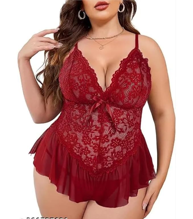 Women Hot Bold Sexy Lingerie Set, Lace Babydoll Nightwear with Sheer Mesh, Bold Looking V-Neck Honeymoon Romantic Sleepwear with Matching Panty-image-33