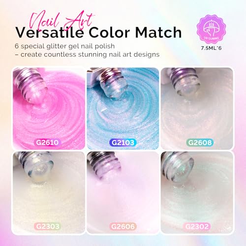 Image of MelodySusie 7.5ML Glitter Gel Nail Polish Set, 6 Colors Aurora White Sparkle Gel Polish Kit Aurora Blue Pink Shimmer Gel Polish Gifts for Women Nail Art Manicure Salon DIY Nail Design at Home