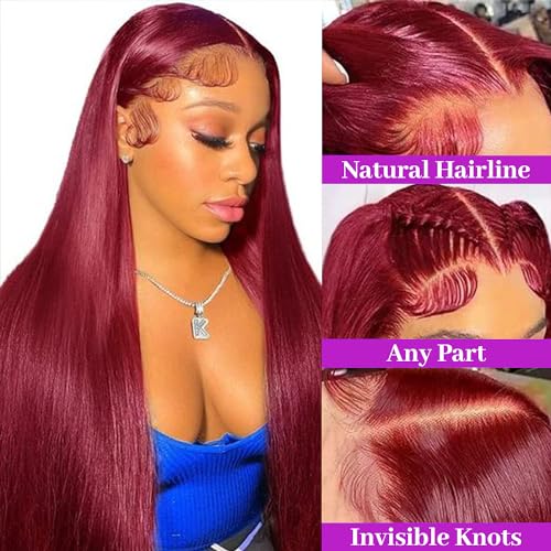 30 Inch 99j Burgundy Lace Front Wigs Human Hair Pre Plucked, 13x4 Straight Human Hair Lace Front Wigs Wine Red, 180 Density HD Transparent Glueless Human Hair Wigs for Black Women (30 Inch) - Image 3