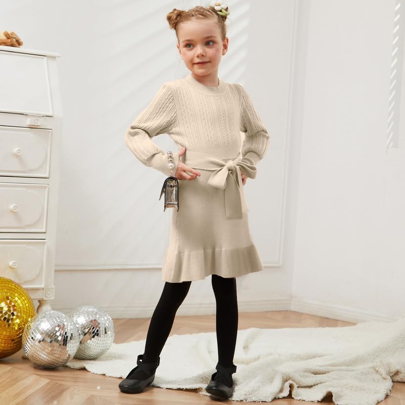 CHILDRENSTAR Girls Sweater Dress Ruffles Long Sleeve Warm Winter Pullover Cable Knit Clothes Belted for Kids3