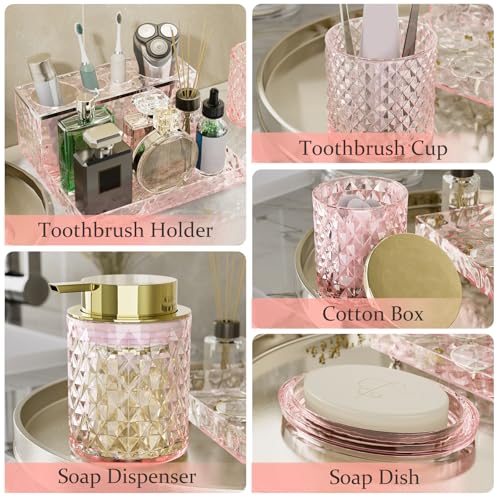 Glass Bathroom Accessories Set 5Pcs Crystal - Foaming Soap Dispenser, Soap Dish, Cup, Acrylic Toothbrush Holder with Tray Organizer, Qtip Jar, Bathroom Counter Set Sink Decor (Pink) - Image 5