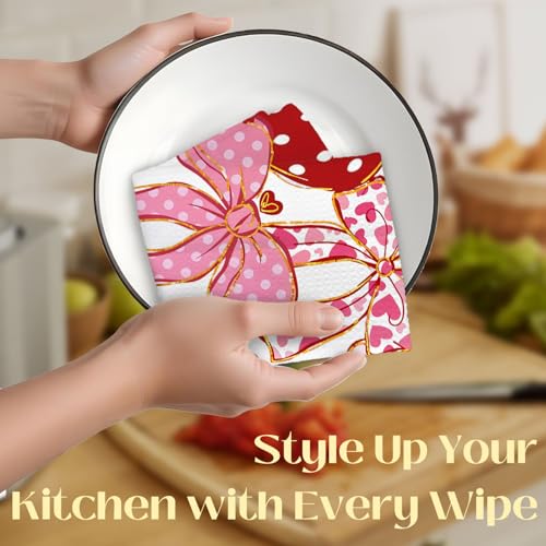 Image of Coquette Strawberry Kitchen Towels, Cute Girly Strawberry Hand Towels for Bathroom Decor, Preppy Pink Bow Fruit Strawberries Dish Tea Towels for Kitchen, 16x24 Inch