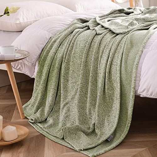 KAWAHOME Knit Blanket Lightweight Breathable Fuzzy Heather Jersey Thin Blanket for Couch Sofa Bed Queen Size 90 X 90 Inches Green and White