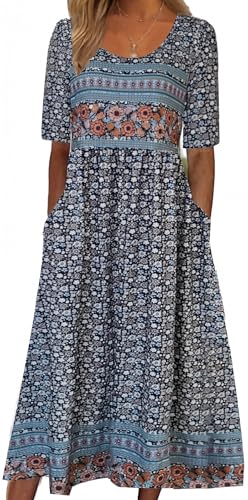 LOAIHA Women's Bohemian Floral Printed Maxi Dress Colorful Summer Casual Loose Flowy Dresses with Pockets