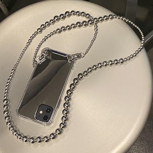 Étui miroir avec chaîne bandoulière en perles argentées pour iPhone 16 15 14 Pro Max