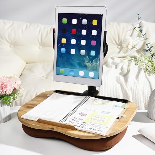 MotiMind Mesa de colo de bambu, pufe para livros, suporte de leitura com suporte para tablet, suport