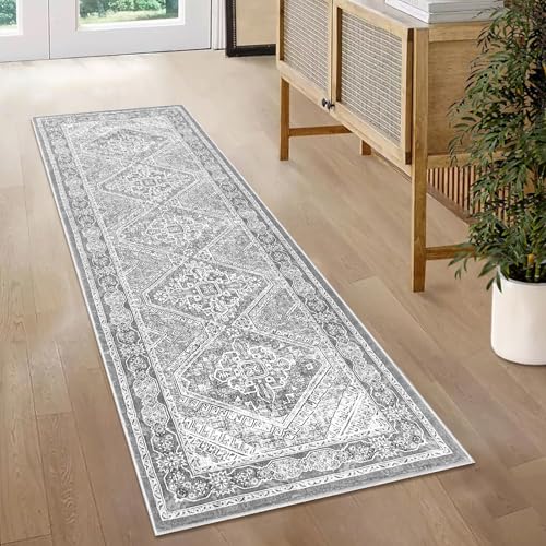 KUTA Oriental Washable Runner Rug, 2x5 Runners Non-Slip Vintage Grey 5ft Hallway Kitchen Rugs Ultra Soft Printed Distressed Tribal Farmhouse Carpet for Bedroom Entryway Decor